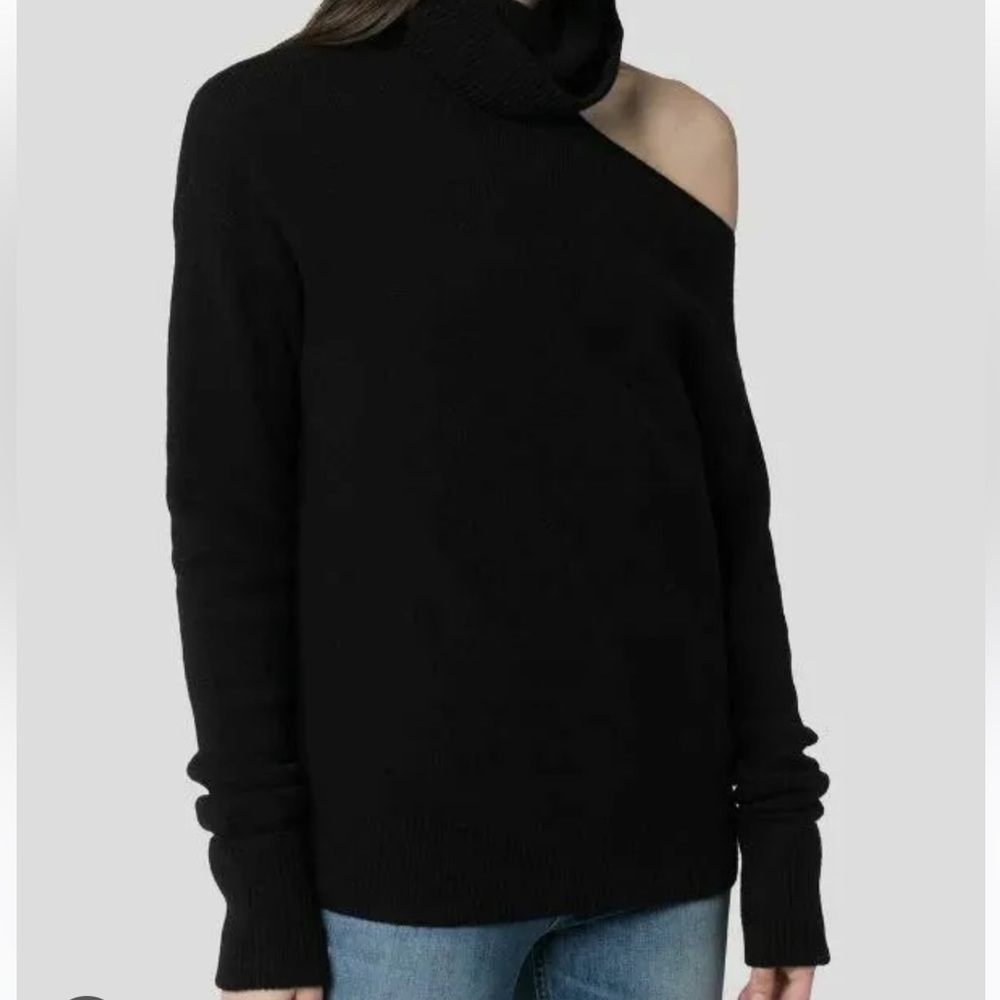Black cold shoulder turtleneck sweater.